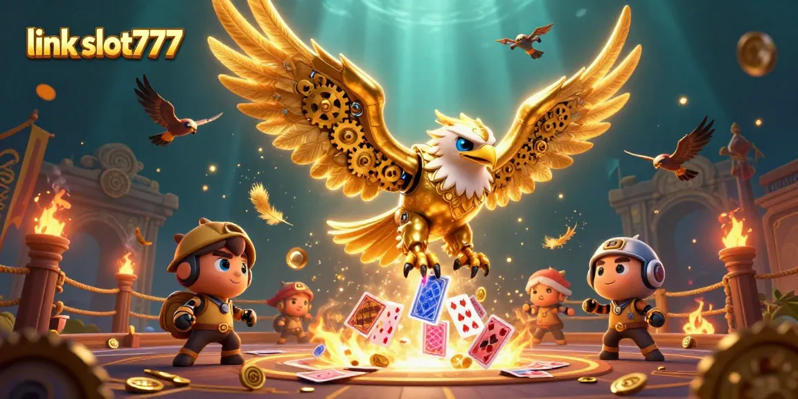 Experience the thrill of link slot777 with a cybernetic eagle soaring through holographic cards amidst a vibrant casino atmosphere.