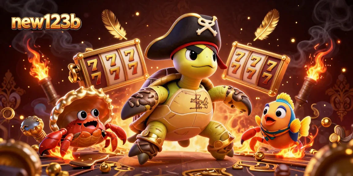 Win big at new123b with this vibrant 3D casino scene showcasing a pirate turtle, treasures, and jackpots.