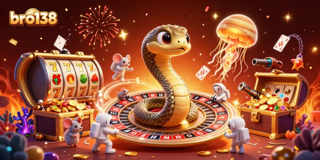 Spin the reels at bro138 with unique characters and thrilling casino elements in a vibrant cosmic scene.