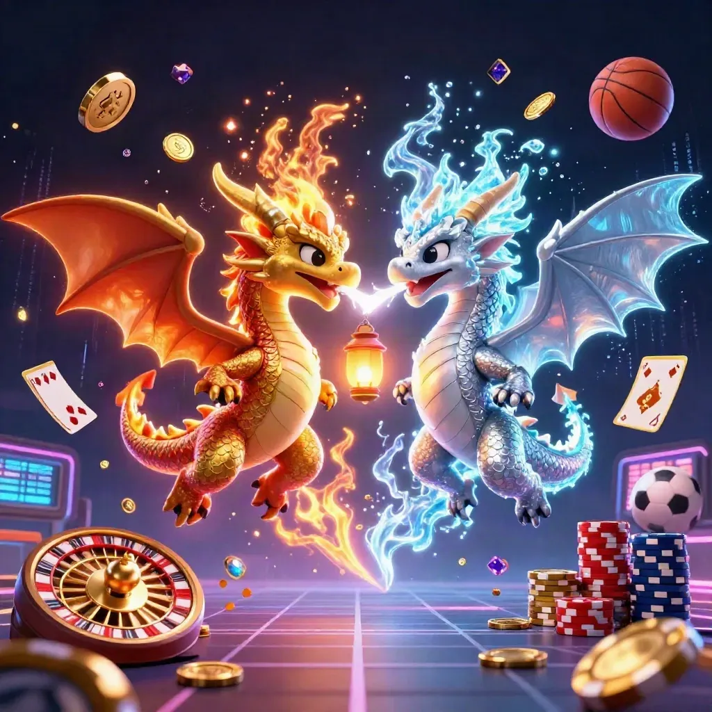 Gold and silver dragons clash in fiery ice flight amid casino icons and neon lights.