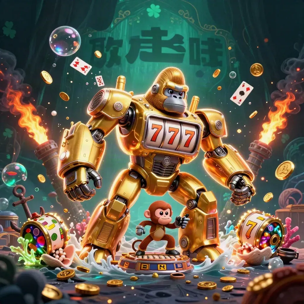 Golden gorilla slot mech with monkey pilot in a treasure cove, coins, coral, and glowing reels