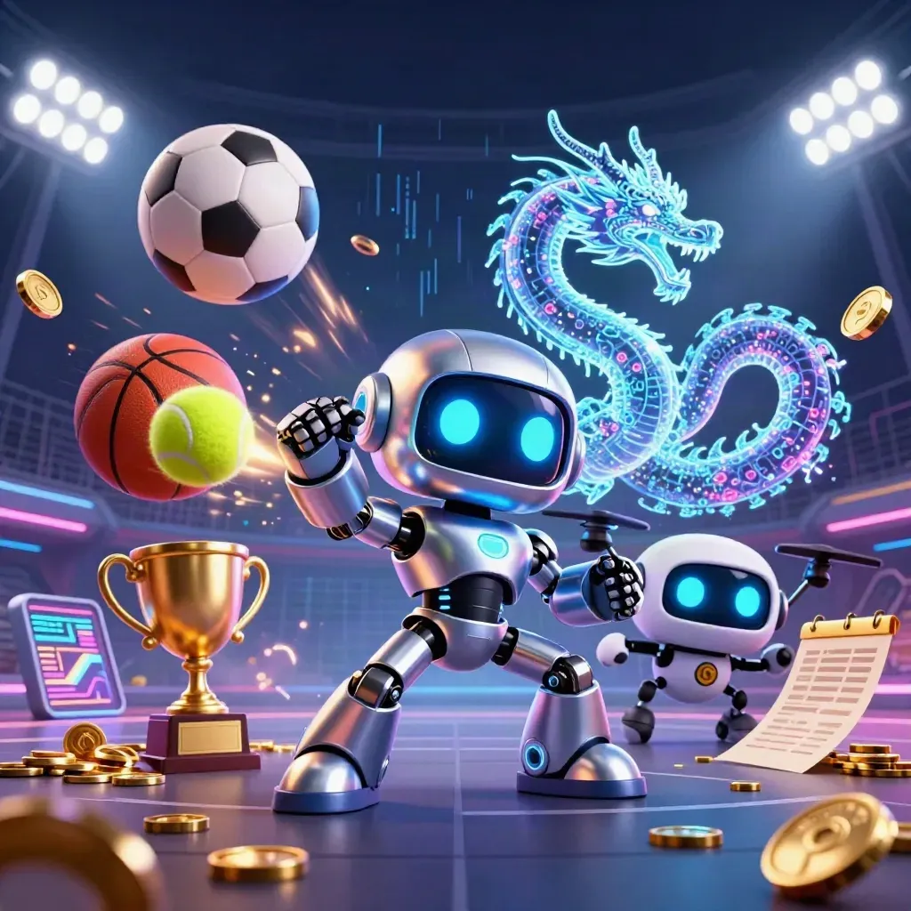 Cyberpunk robot, digital dragon and coin drone with flying sports balls in a neon arena.