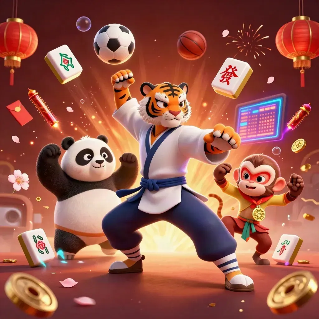 Kung-fu tiger, panda, and monkey amid casino icons, sports balls, and neon energy burst.