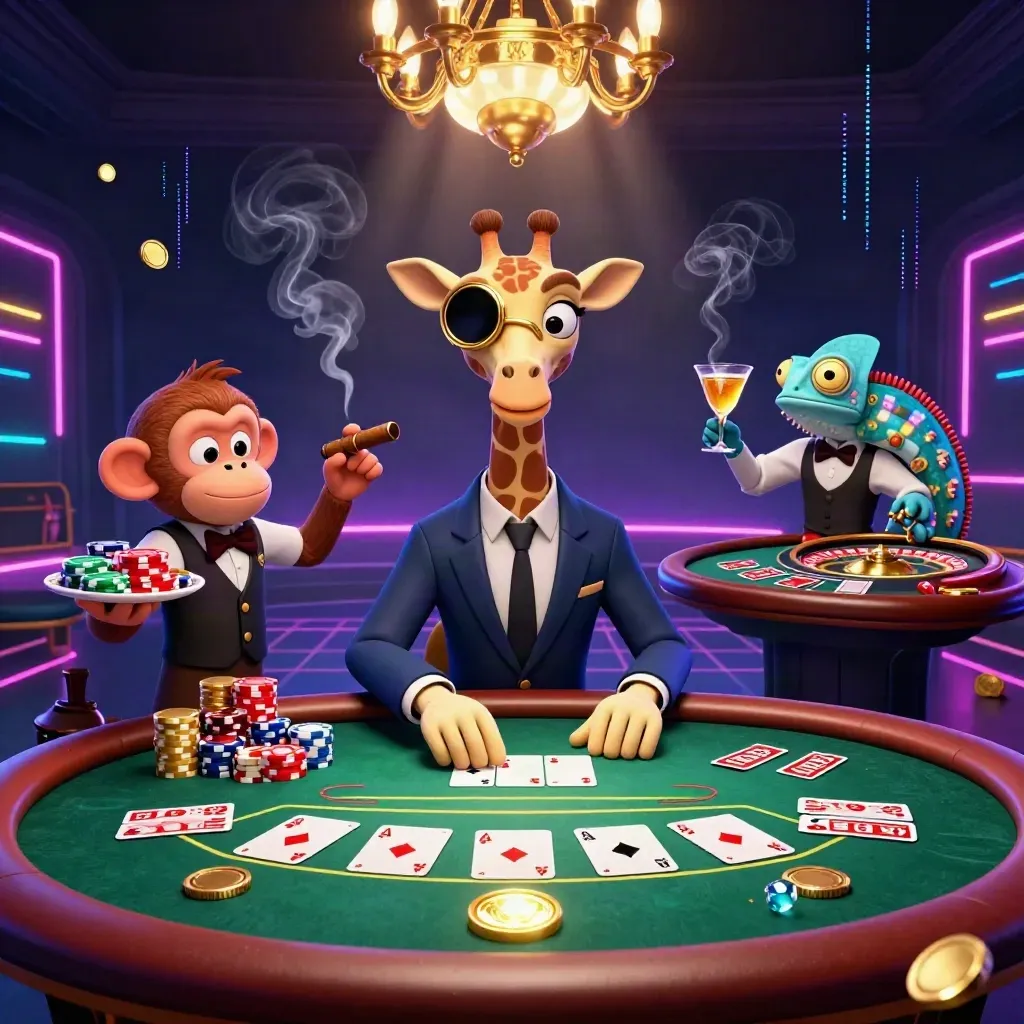 Giraffe, monkey valet, and chameleon bartender in luxe casino glow with cards, chips, and neon effects.