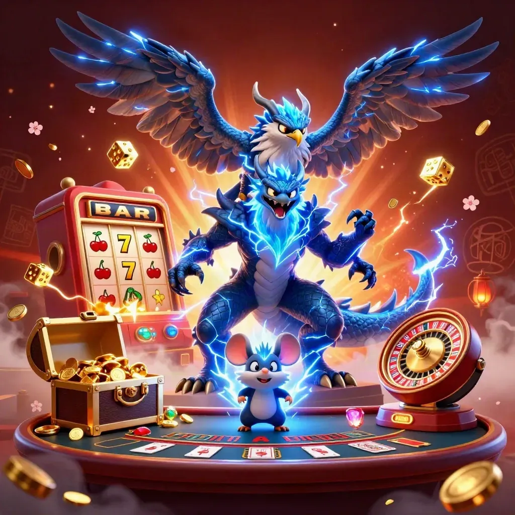 Thunder dragon, wind hawk, and crackling mouse explode through a luxe casino scene with slots and gold.