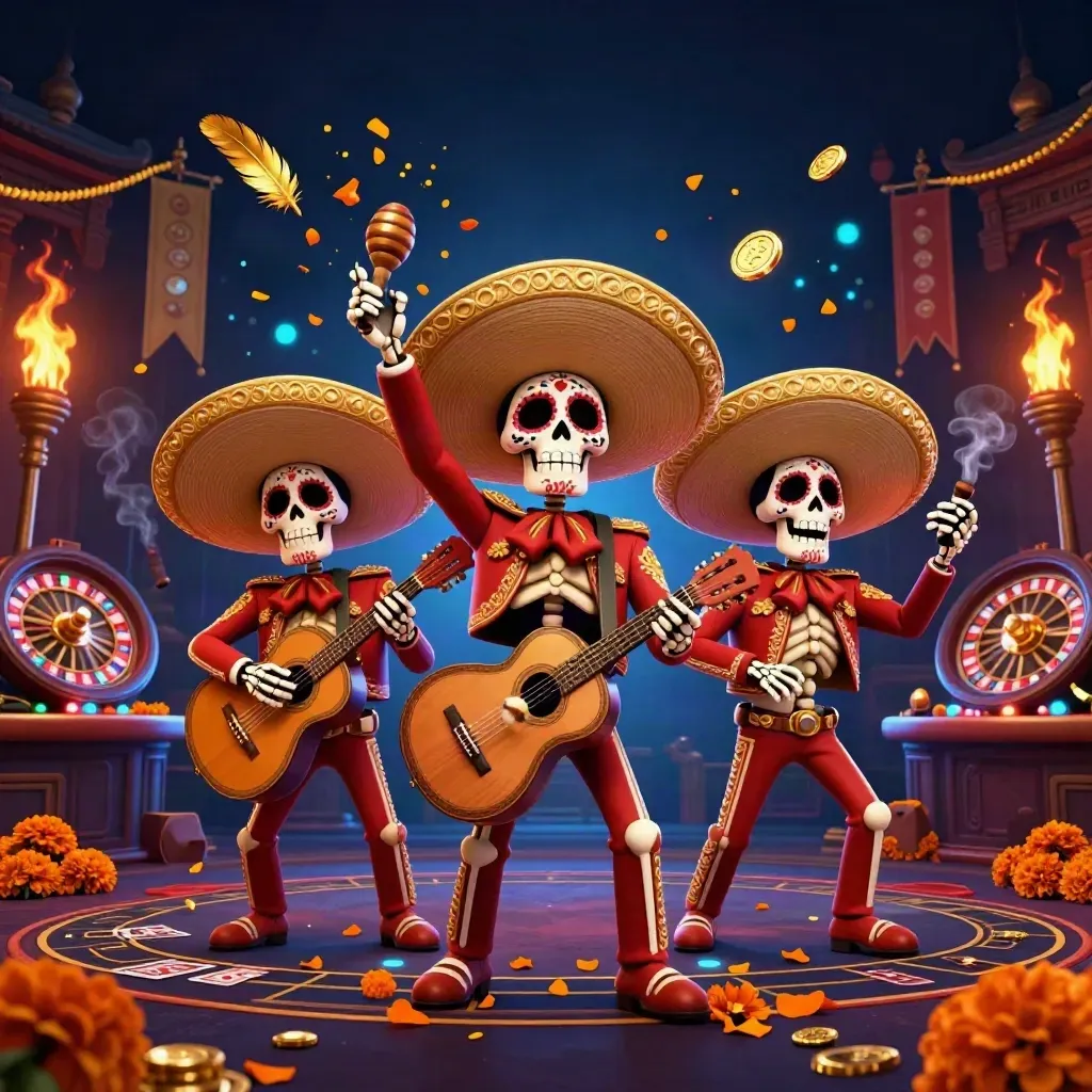 Skeleton mariachi trio amid gold coins, temple gate, roulette wheel, and blue smoke