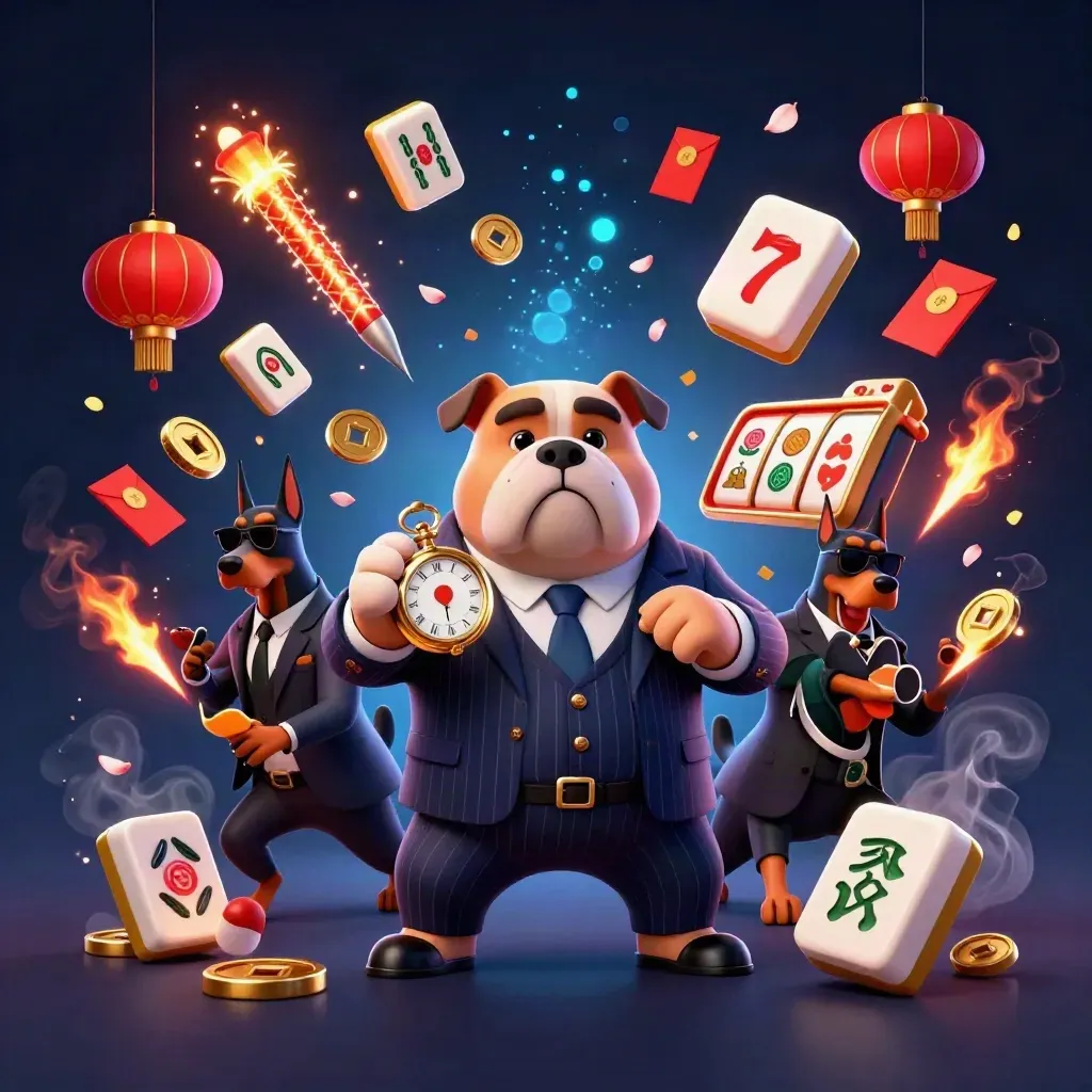 Bulldog boss and two Dobermans amid casino charms in a glowing navy-gold burst.