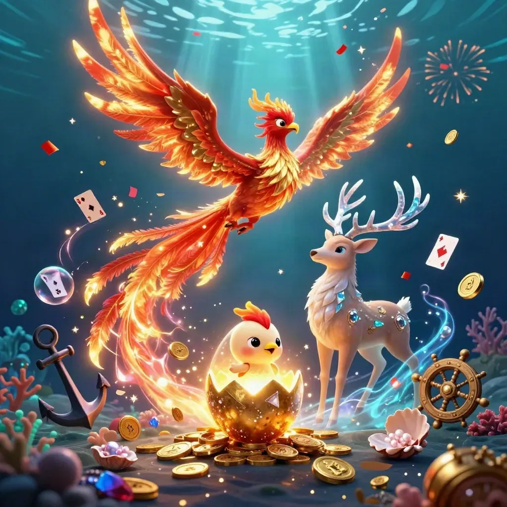 Fire phoenix, hatching baby phoenix, and crystal-antler stag in a gold underwater treasure burst.