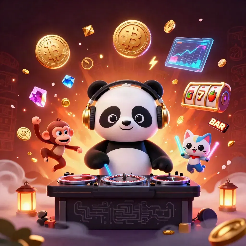 DJ panda, breakdancing monkey, and glow-stick kitten amid casino coins, runes, and ember glow.