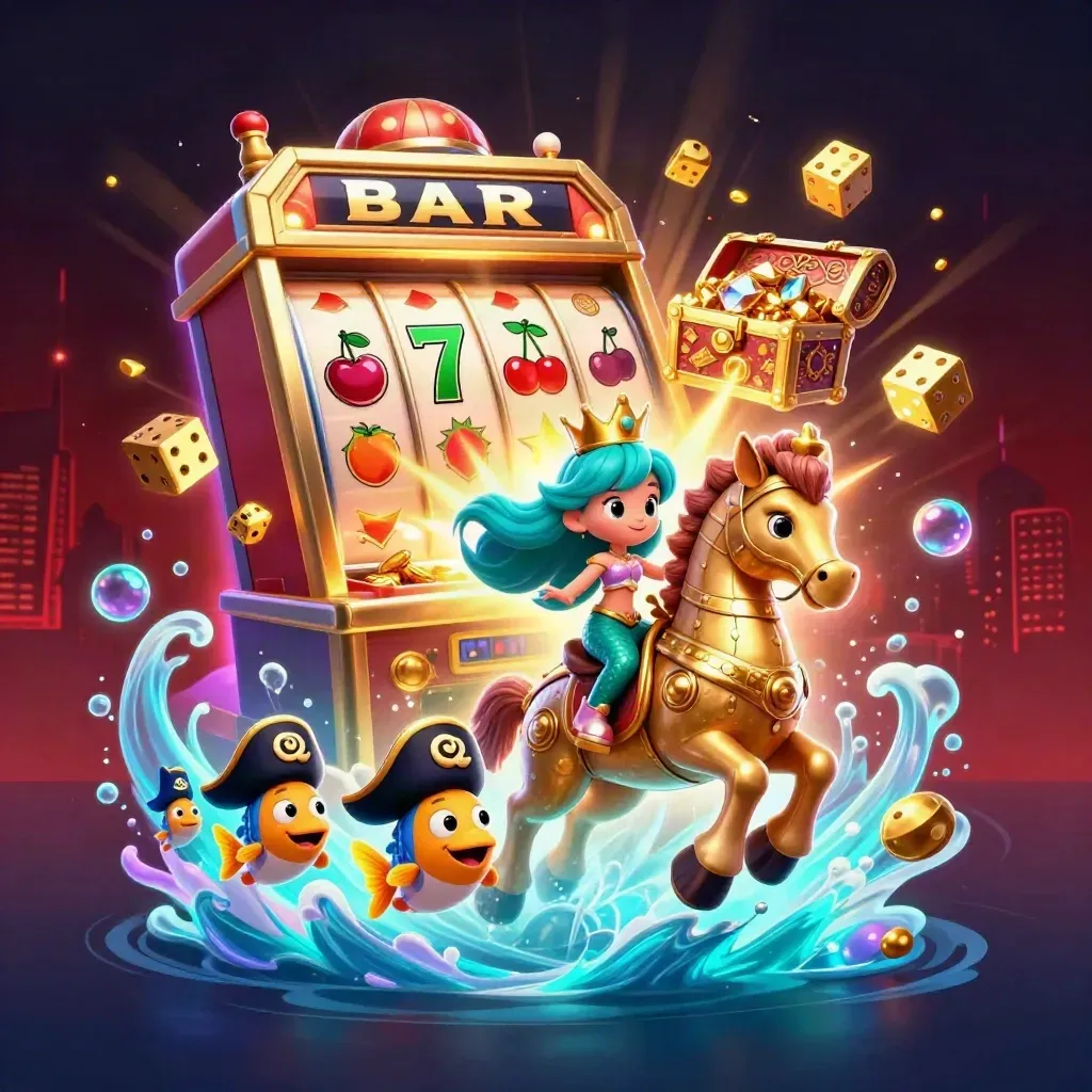 Mermaid princess rides armored seahorse amid exploding slots, gold, gems, and pirate fish.