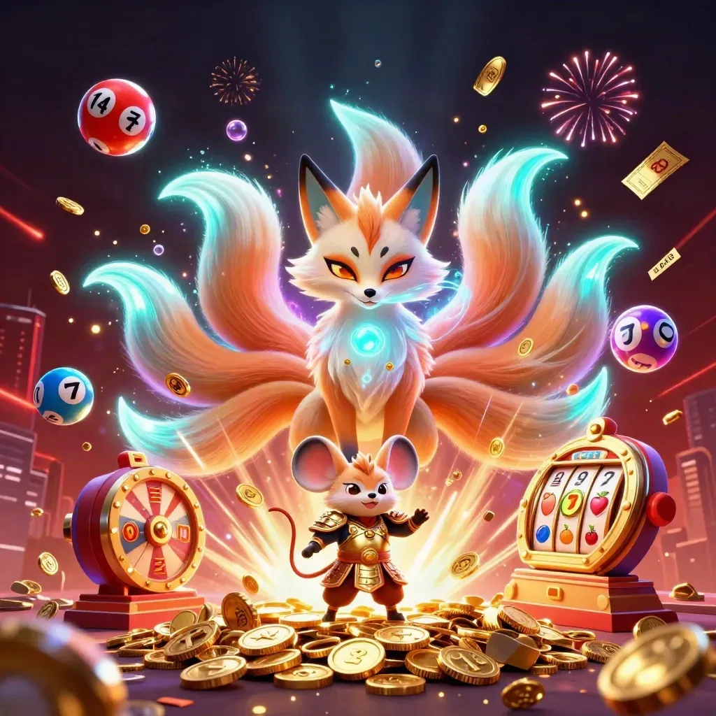 Fox spirit and golden mouse amid bursting coins, reels, fireworks, and casino loot in luxe glow