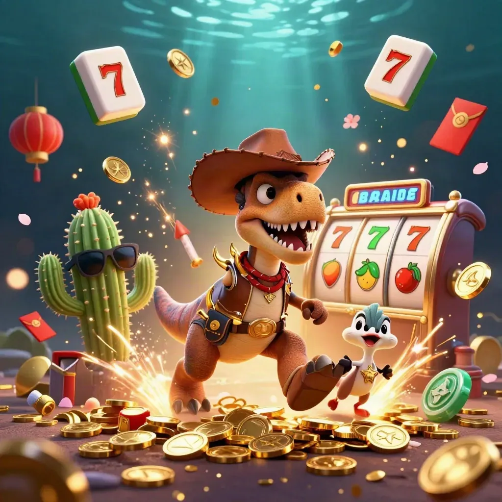 Cowboy T-Rex, cactus and roadrunner amid coins, fireworks and slot symbols in luxe casino glow