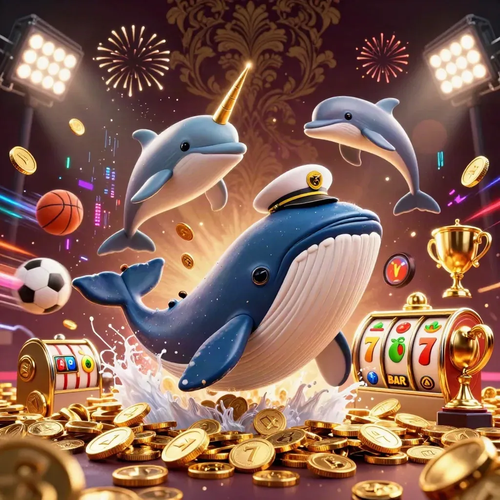 Whale captain, narwhal, and dolphins burst from coins with slot reels, trophies, and sports balls.