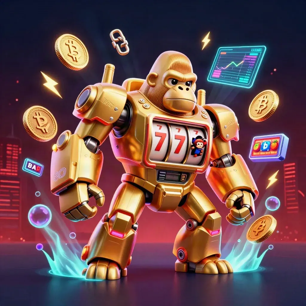 Golden gorilla slot mech with monkey pilot, reels, coins, lightning, and dark red neon casino glow.