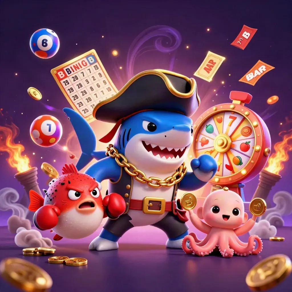 Pirate shark, boxing pufferfish, and coin-juggling octopus in a glowing casino splash scene.