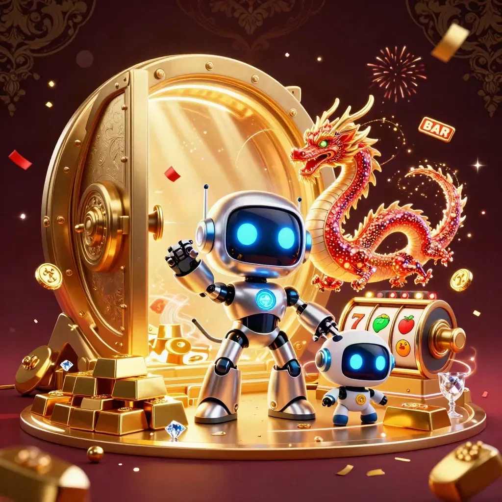 Cyberpunk robot, holographic dragon, and coin drone bursting from a gold vault in a luxe casino scene.