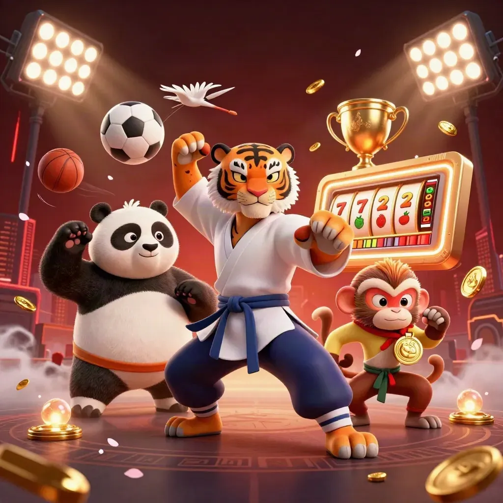 Tiger, panda, and monkey kung-fu scene with casino and sports bursts