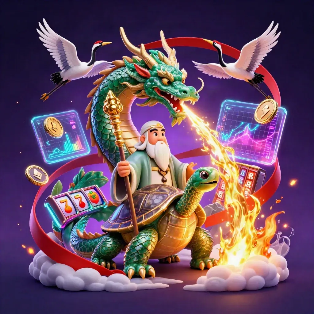Dragon, turtle sage, and cranes amid glowing coins, reels, sparks, and a starry purple sky.