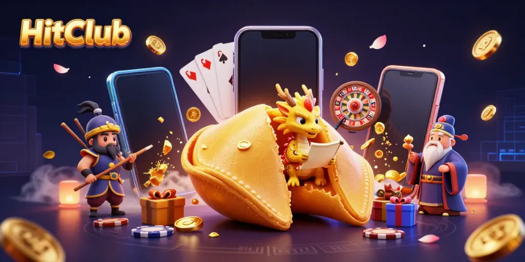 Engage with HitClub as a dragon reads inside a golden fortune cookie amidst casino-themed elements.