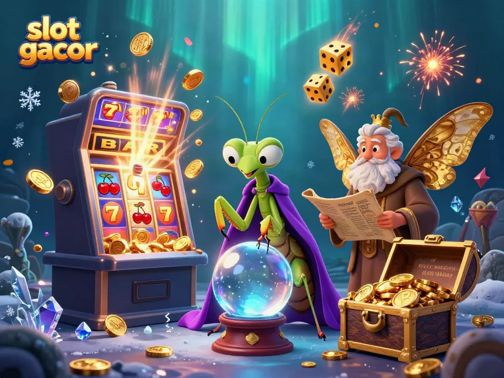 Gambarkan slot gacor dengan karakter kasino kartun dan mesin slot meledak berisikan koin emas.