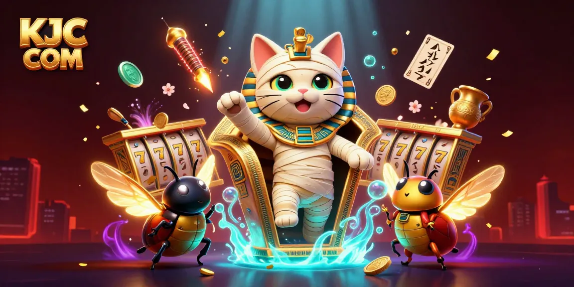Play and win with KJC COM at a vibrant casino scene featuring a mummy cat and exciting game elements.