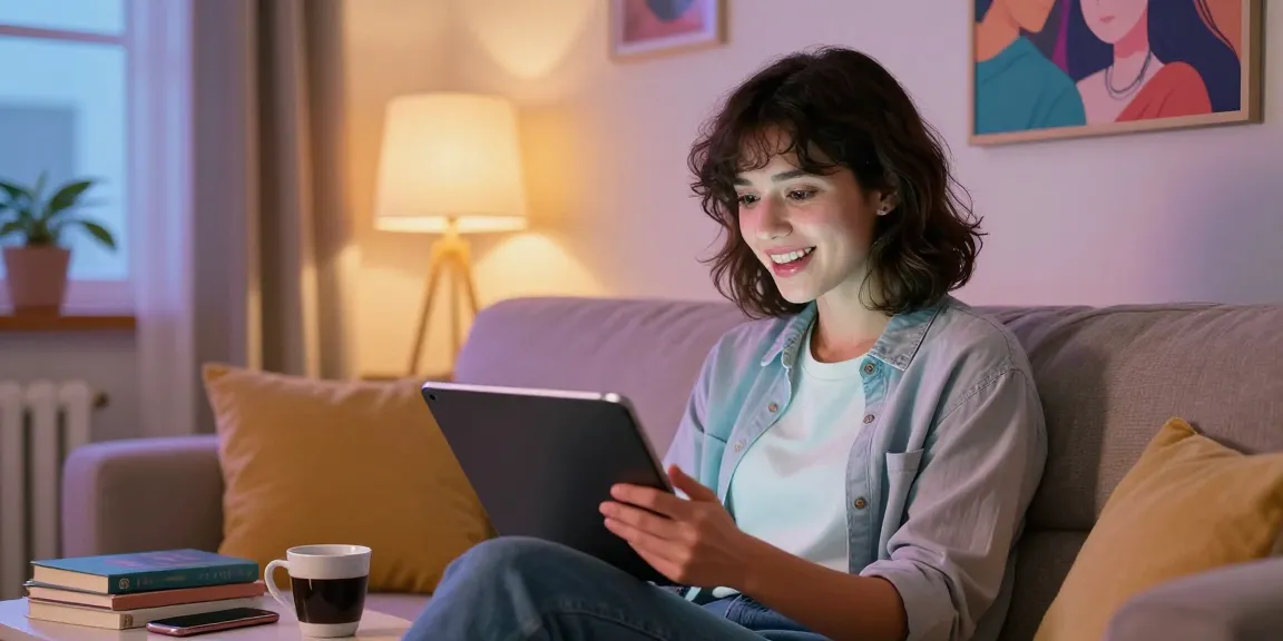 Engaged user interacting with AI gf on tablet in cozy setting, showcasing modern digital companionship.