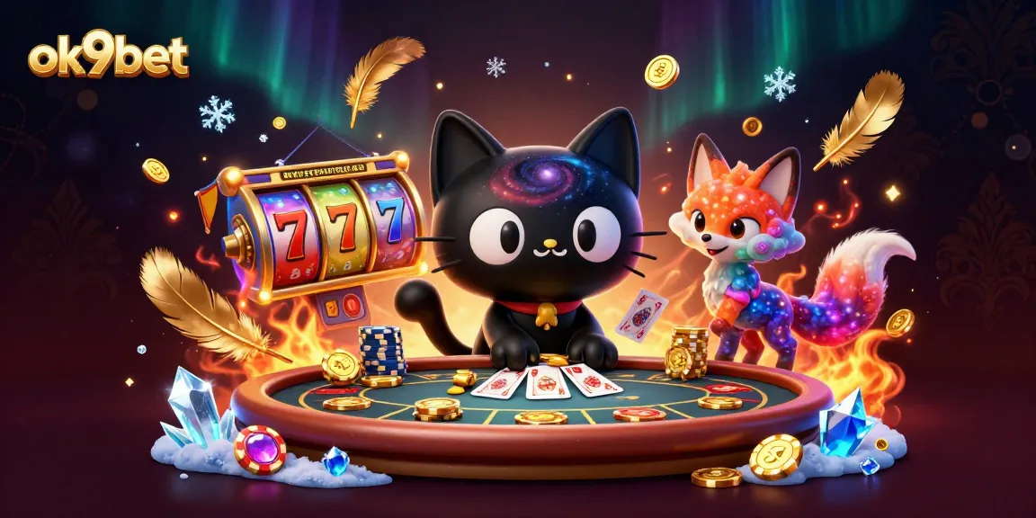 Engage with ok9bet's exciting cosmic casino through a playful cartoon scene featuring a black hole cat.