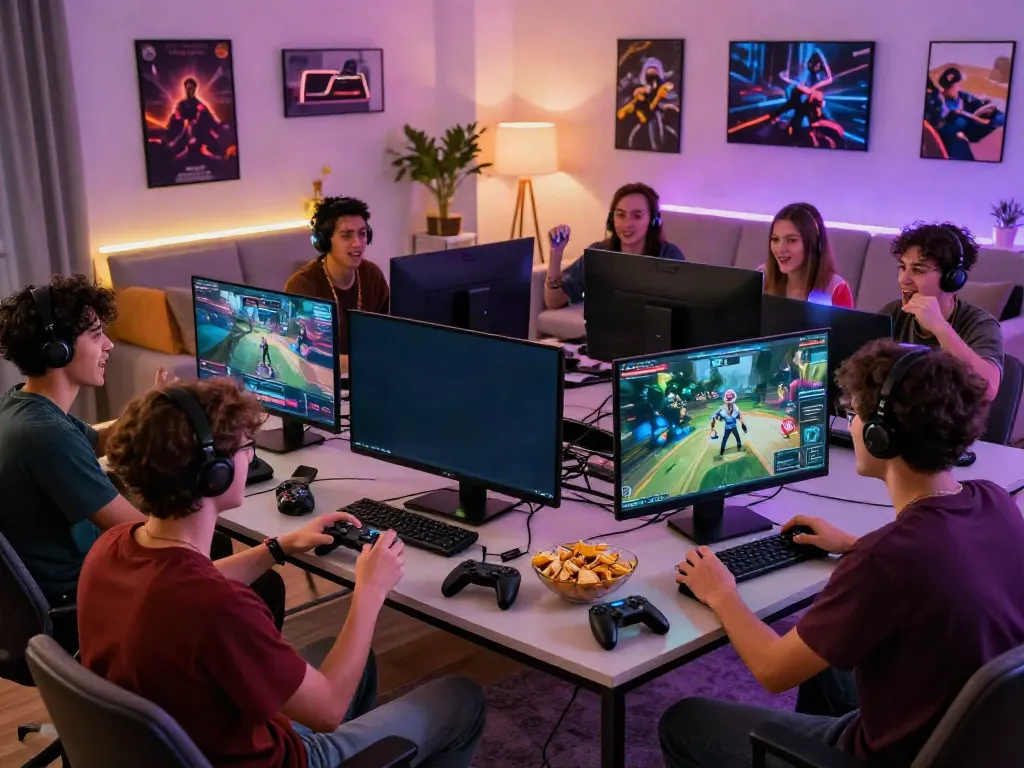 Group of friends enjoying a lively unsurtoto gaming session in a vibrant living room.