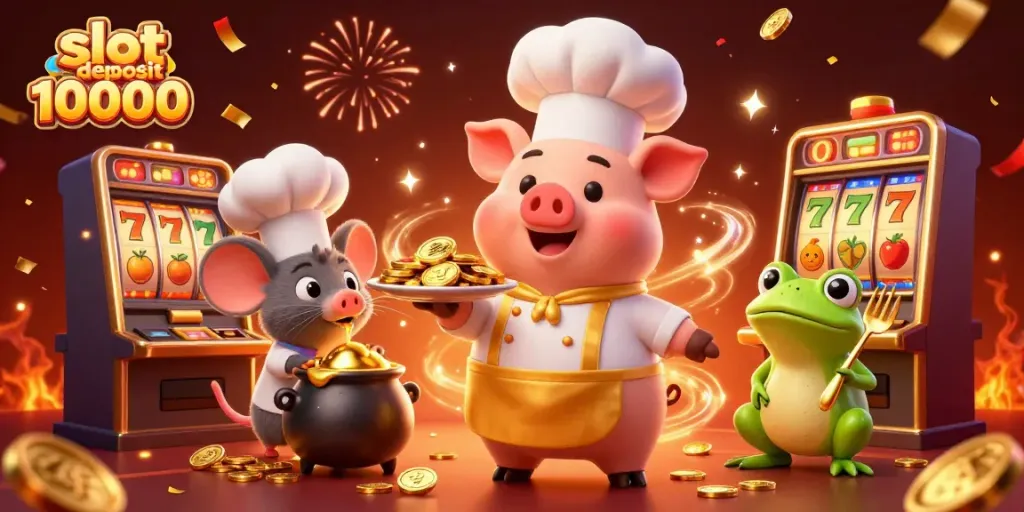Experience the excitement of slot deposit 10000 with lively characters celebrating gold winnings.
