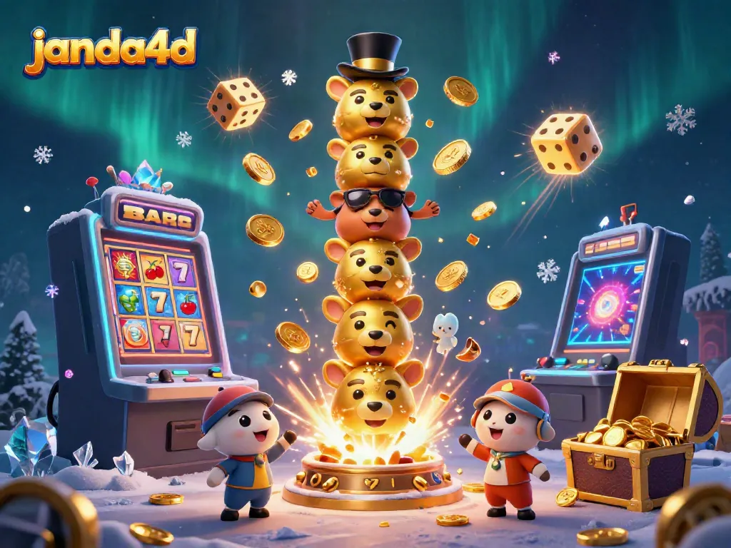 Permainan slot online janda4d dengan totem yang menghibur, dikelilingi oleh simbol kasino dan koin emas