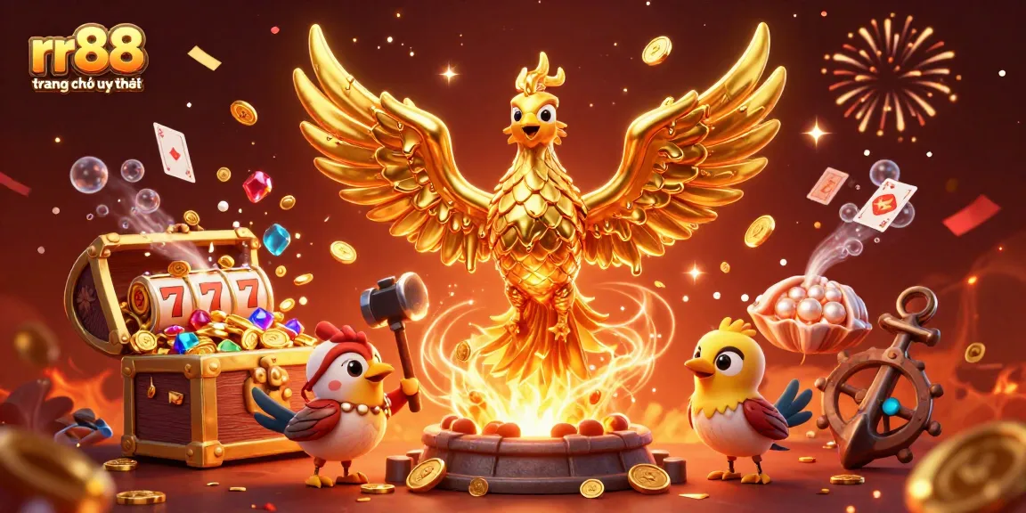 Experience rr88 trang chủ uy tín with a golden phoenix surrounded by riches from online casinos.