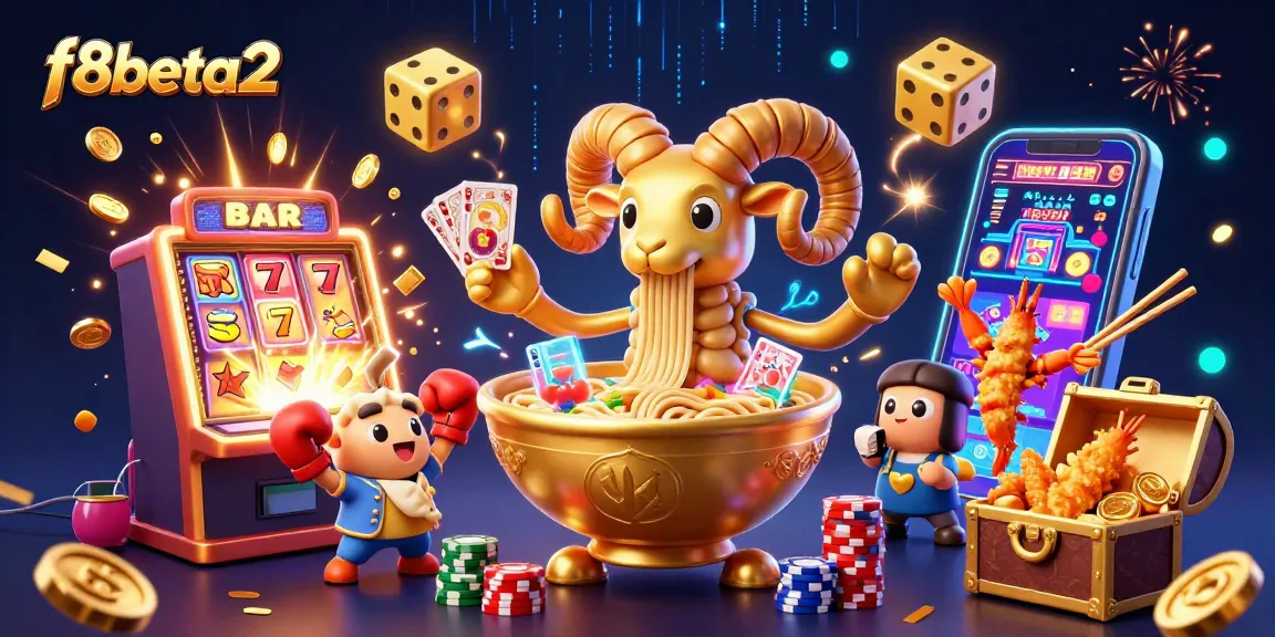 Experience exciting action at f8beta2 with a vibrant casino-themed 3D illustration featuring a golden ramen bowl and lively characters.