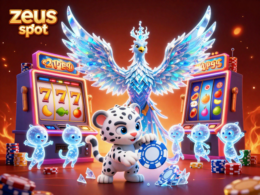 Experience the thrill of zeus slot with a vibrant scene featuring an ice phoenix and playful cub.