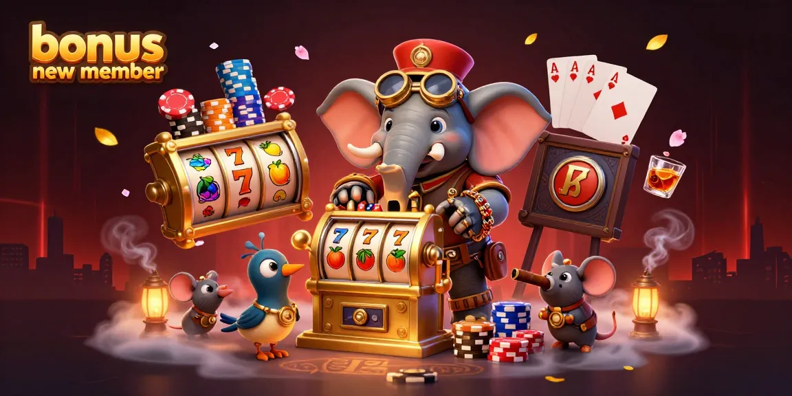 Engaging slot gaming atmosphere with a bonus new member theme featuring vibrant 3D cartoon characters and slot elements.