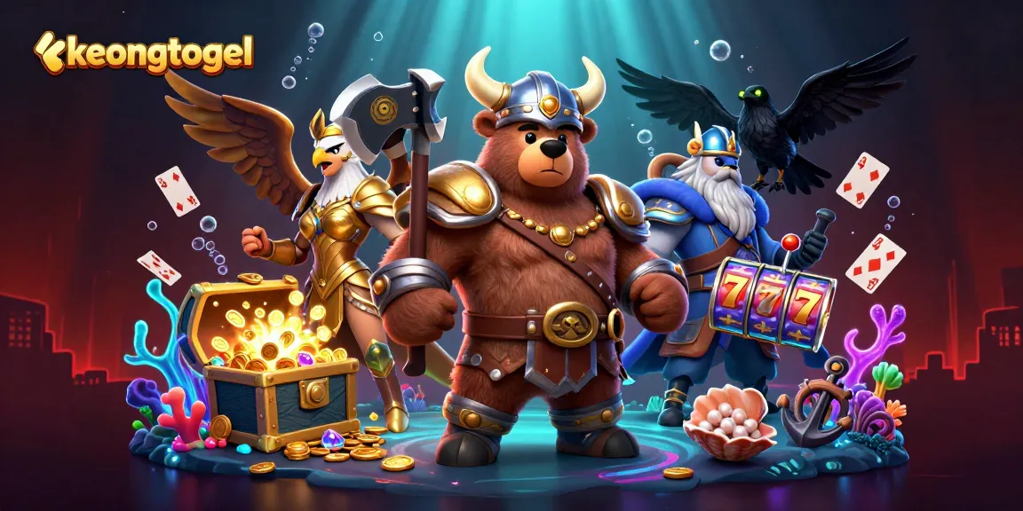 Spin for big wins with KEONGTOGEL’s vibrant illustration showcasing Viking, eagle, and glowing treasure.