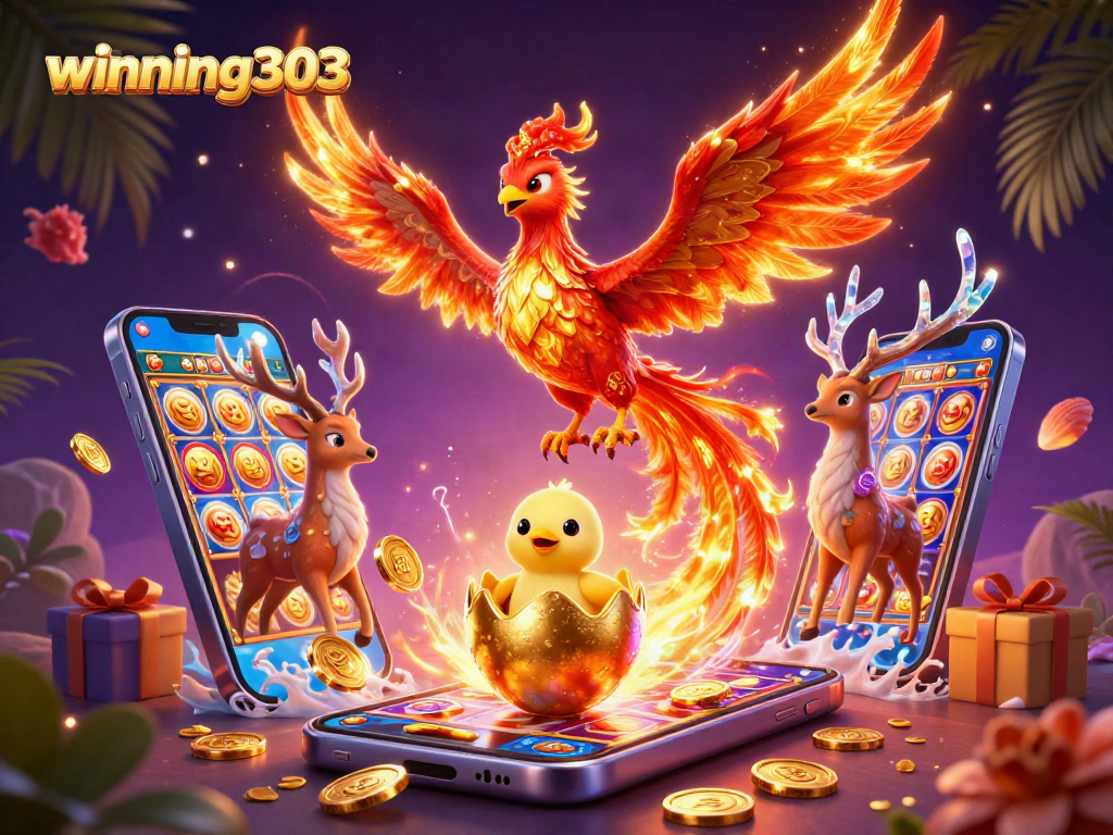 Winning303 showcases a vibrant casino scene with a phoenix and game elements erupting around it.