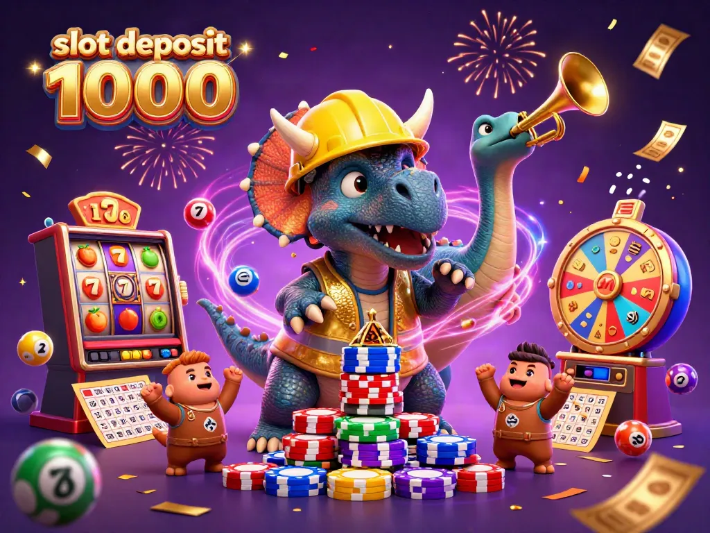 Engage with the excitement of slot deposit 1000 as a triceratops builds a poker chip pyramid amidst vibrant casino elements.