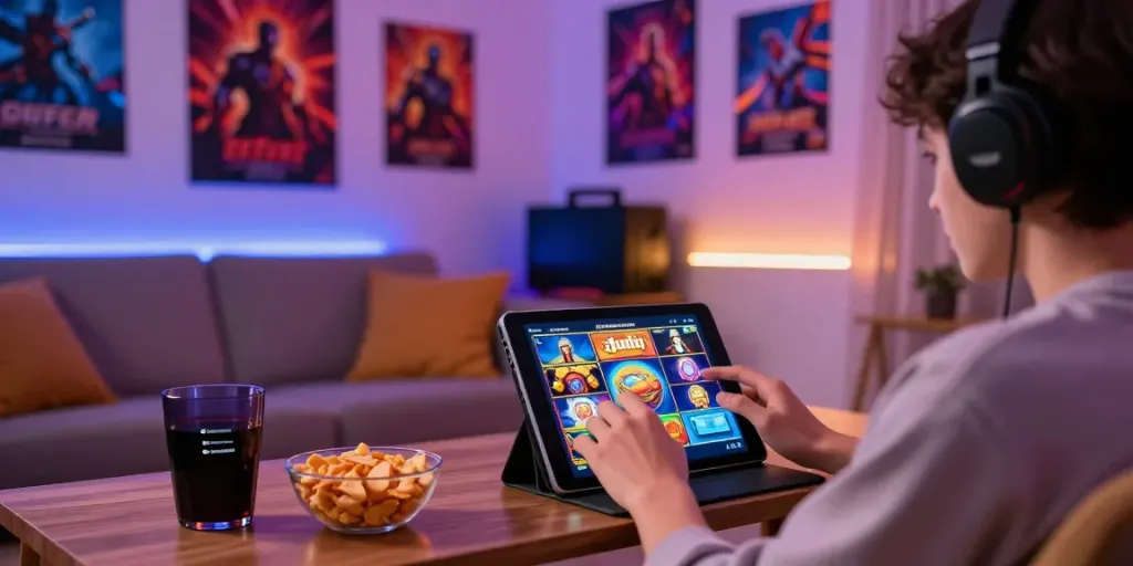 User enjoying judi slot games on a tablet in a cozy living room.