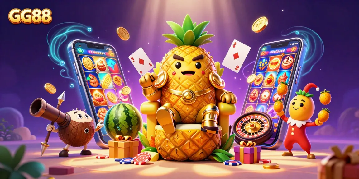 Experience GG88's vibrant casino atmosphere with a golden pineapple king and playful characters in action.