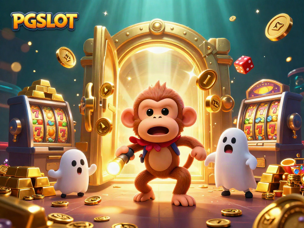 Engage with PG SLOT featuring a playful poltergeist monkey and ghost-hunter puppy in a vibrant casino scene.