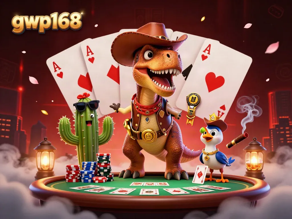Gambarkan gwp168 dengan karakter dinosaur cowboy dan elemen kasino menarik lainnya.