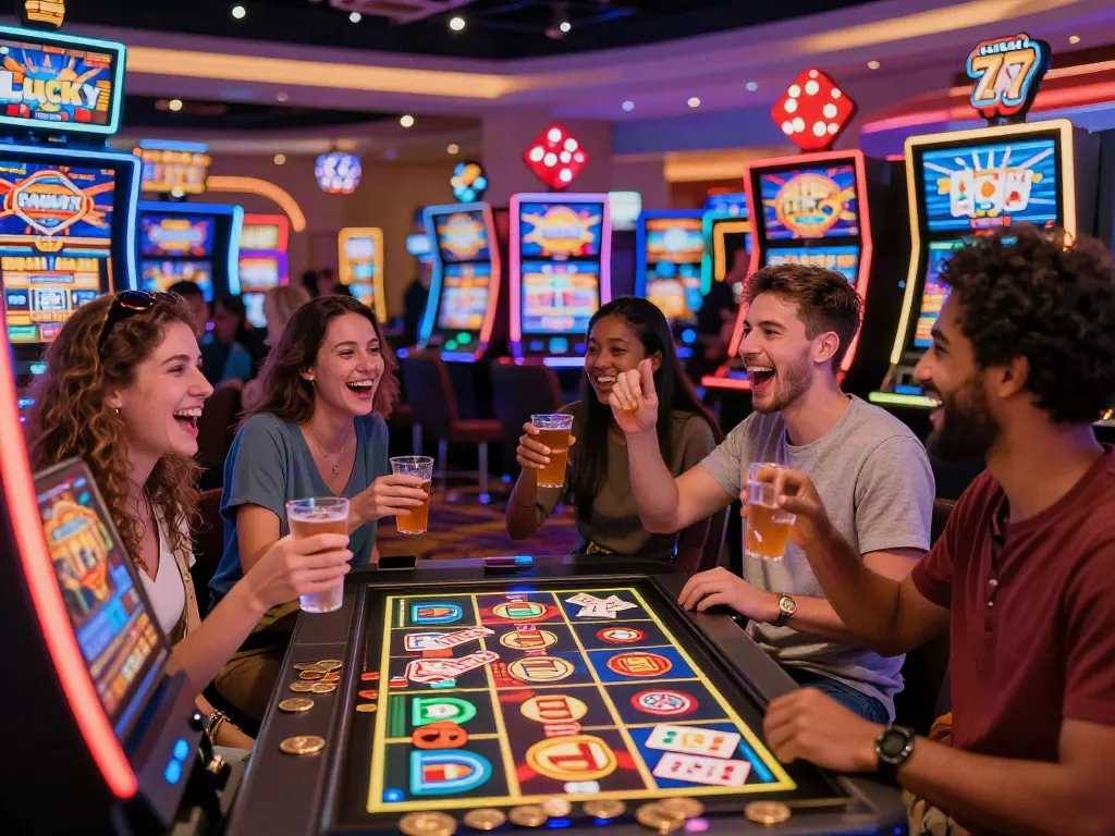 Friends enjoying the Lucky777 casino ambiance with slot machines, vibrant lights, and joyful expressions.