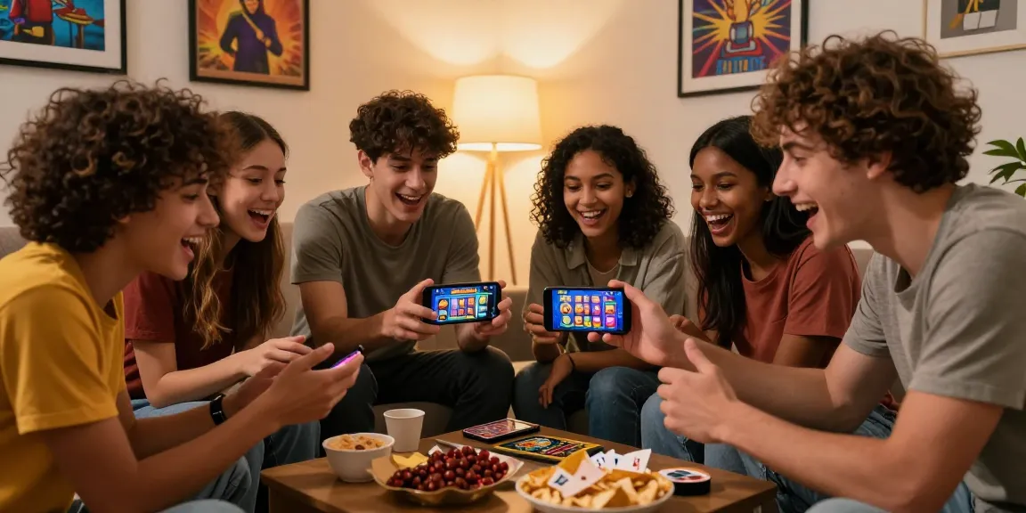 Friends enjoying a casino app game on smartphone in a cozy living room.