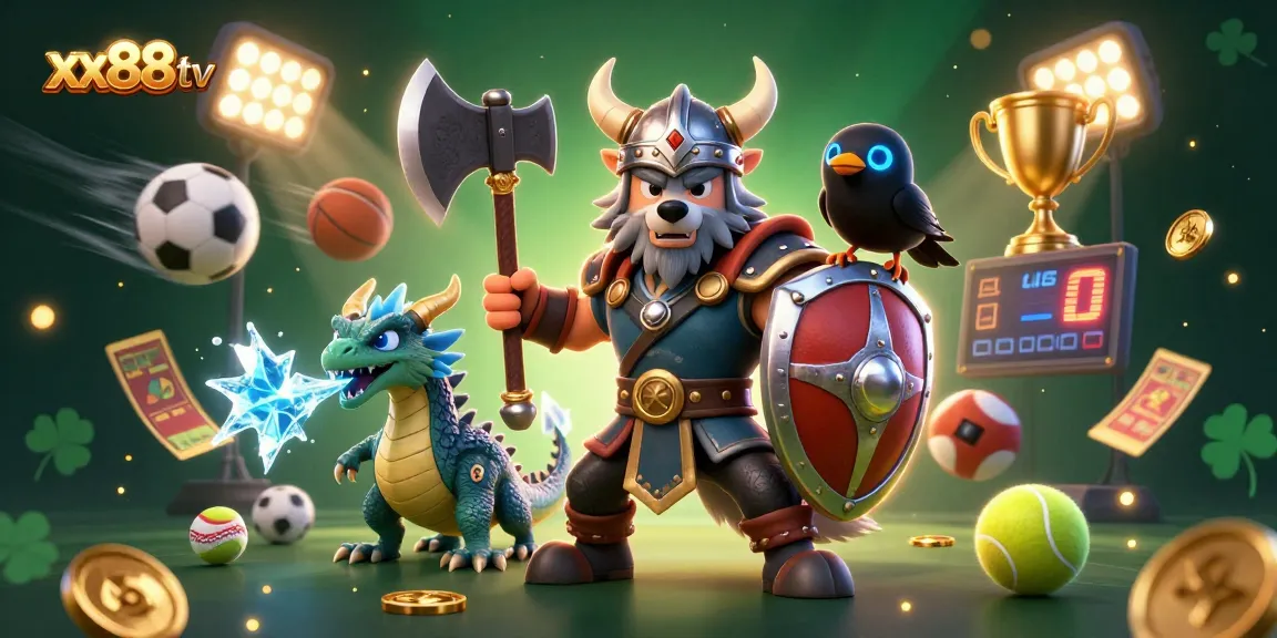 Experience thrilling gaming action at xx88tv with epic Viking and a fierce dragon in a lush casino scene.