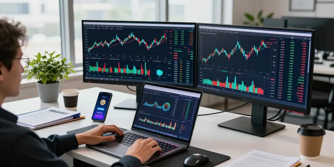 Play exchange data analysis on screens in a modern cryptocurrency trading office.