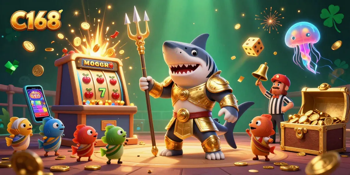 C168 enhances your gameplay with a thrilling scene of a tiger shark in gladiator armor amidst an exciting jackpot event.