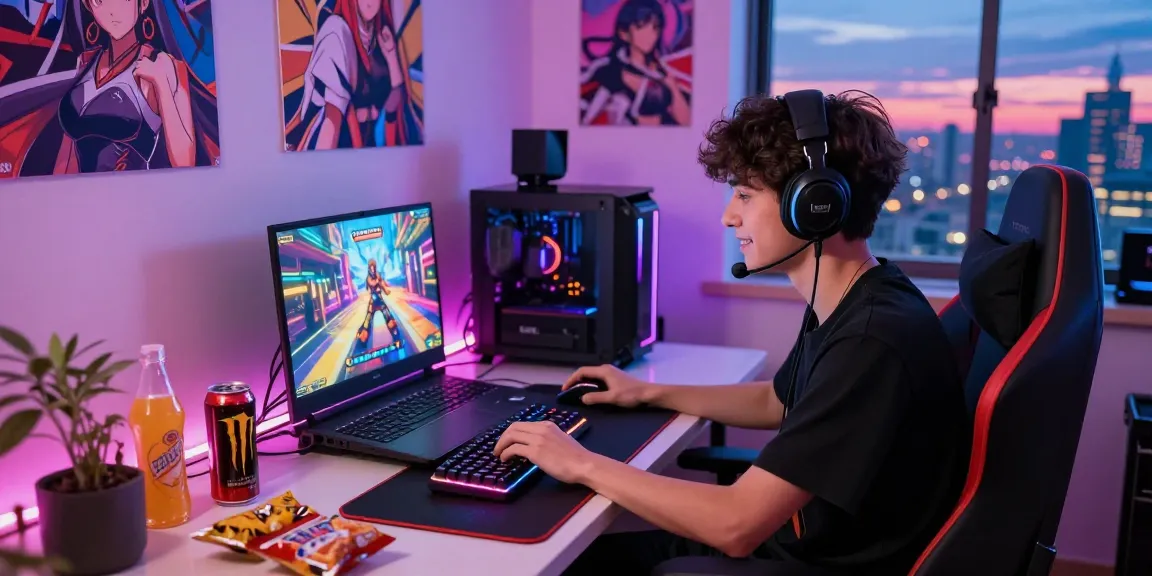 Engaging scene of a gamer playing hentai games on a laptop with anime decor and snacks.