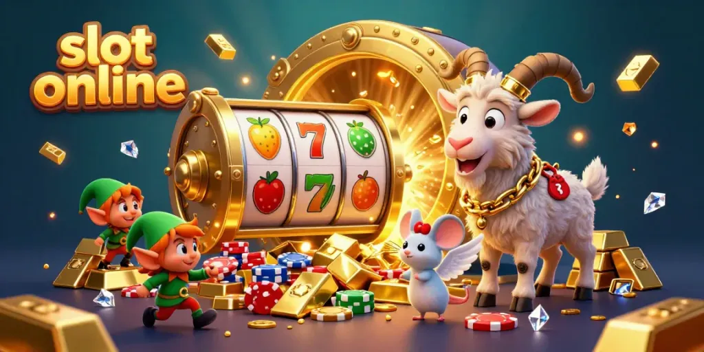 Slot online menampilkan suasana kasino ceria dengan karakter lucu dan reel slot yang menarik.