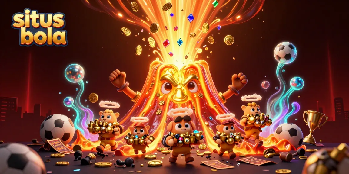 Betting on situs bola brings excitement; sports balls, slips, and trophies surround a golden volcano.