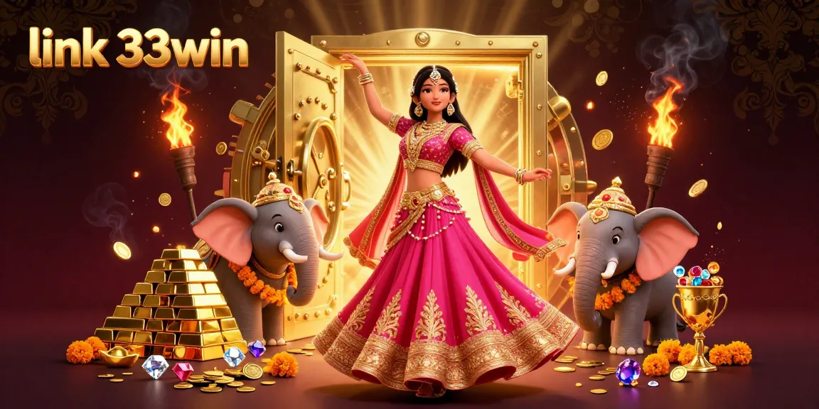 Engage with link 33win: vibrant casino scene showcasing a heroine, treasure, and excitement.